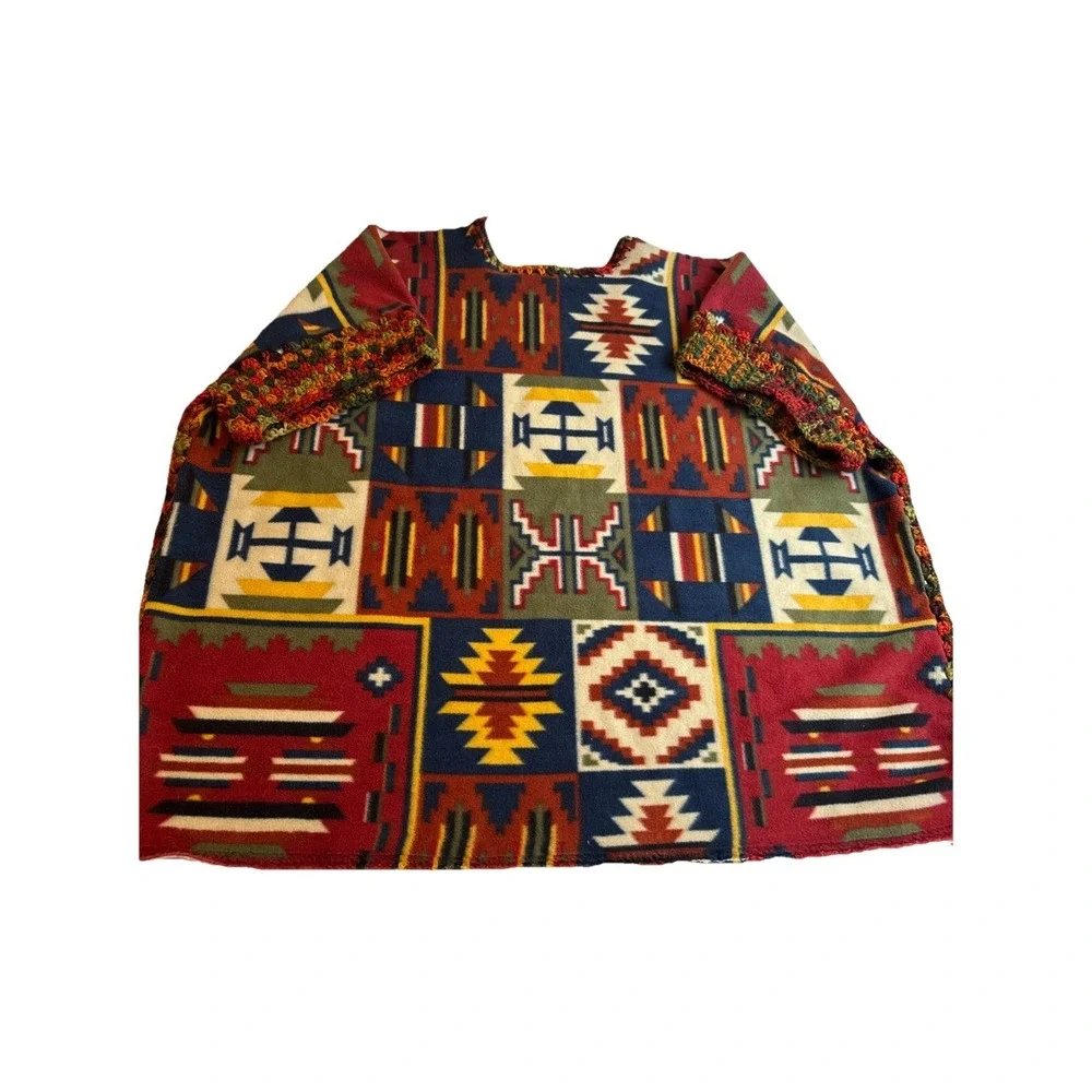 Women's Sante Fe Greca Cape Shawl Wrap Fleece Crocheted Aztec Boho Poncho One Sz